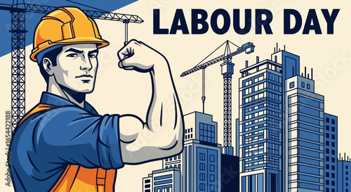 A construction worker flexing their bicep, celebrating Labour Day, against a backdrop of skyscrapers and construction equipment.