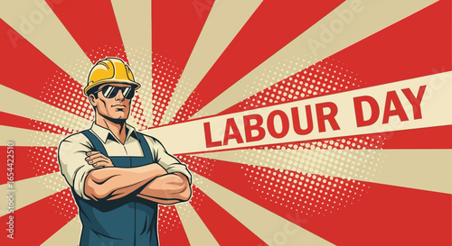 Confident construction worker, arms crossed, celebrates Labour Day in retro style.