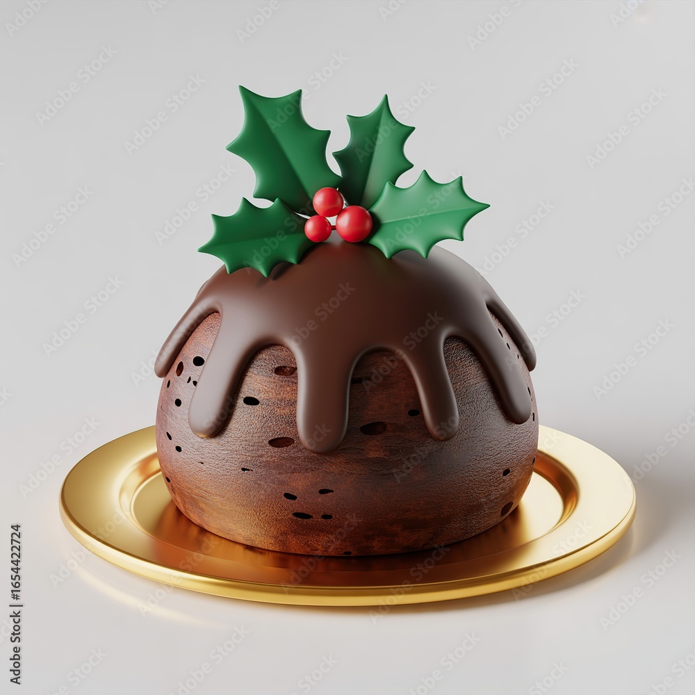 Fototapeta premium Rich chocolate christmas pudding decorated with holly and berries