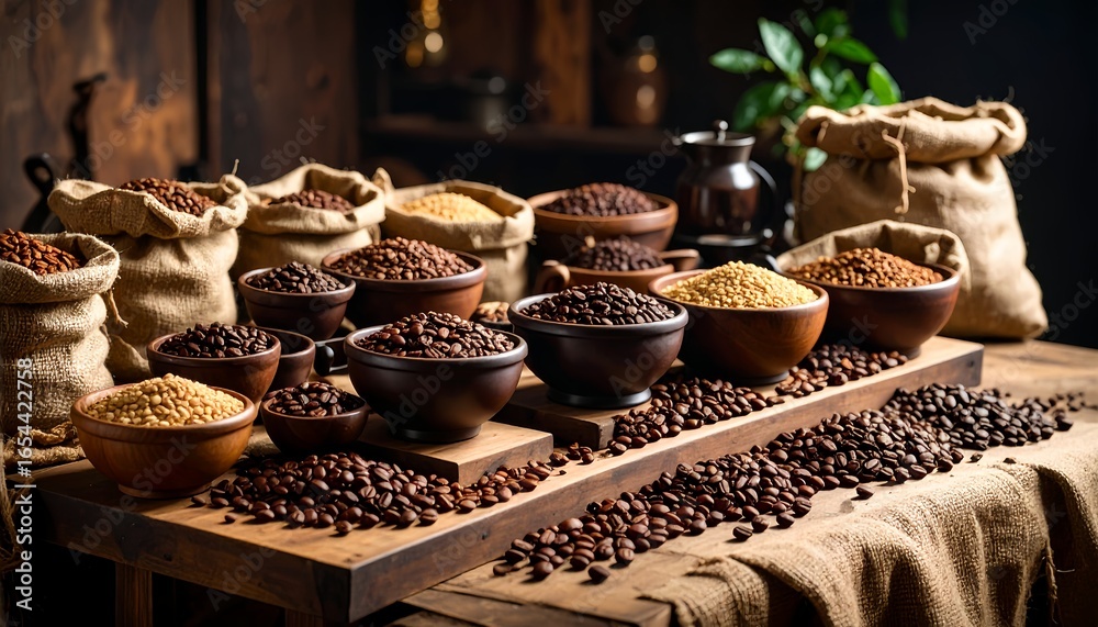 Fototapeta premium Some Coffee Beans on an Aesthetic Table