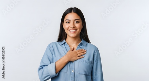 Smiling young woman with a sincere and heartfelt expression placing her hand over her heart, embodying gratitude, honesty, and deep appreciation on a pristine white background.