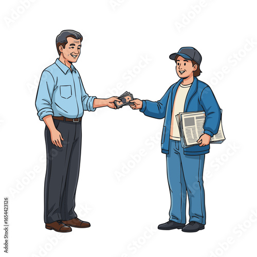 Man buying newspaper from street vendor