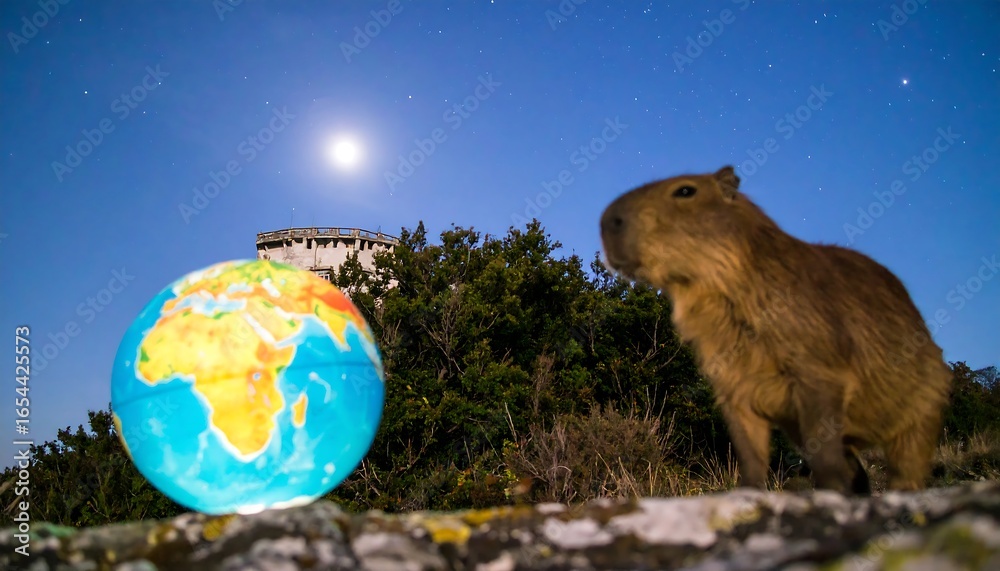 Fototapeta premium Capybara near a globe at night.