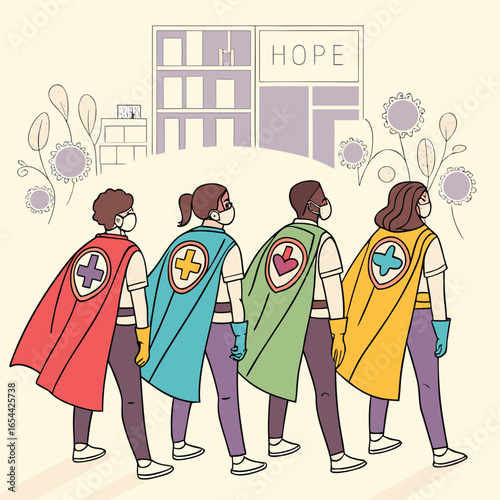 Group of healthcare heroes in superhero capes generated by ai