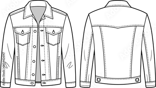 denim jacket Front and back fashion sketch of a classic denim jacket