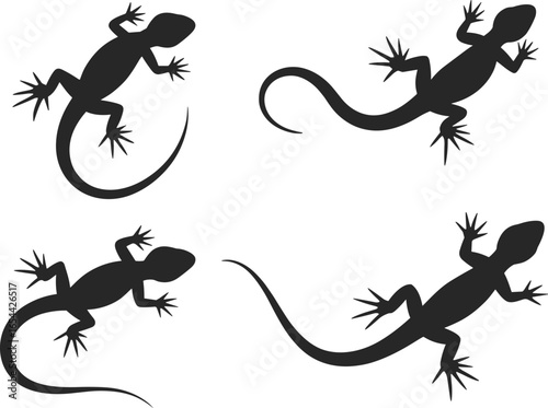 Black gecko lizard silhouette set, reptile vector design collection, wild animal shapes, exotic species icons, crawling lizard illustrations, nature wildlife symbols, tropical reptile art elements