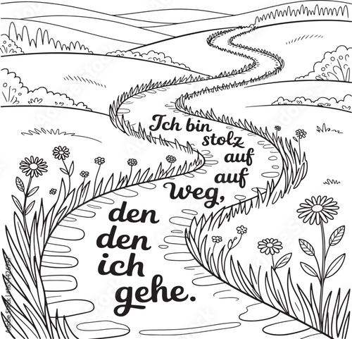 Depict a winding path or stepping stones flowing through a natural landscape hills forests flowers stars proud of the path taken