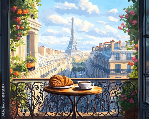 Beautiful Paris balcony view with breakfast.
