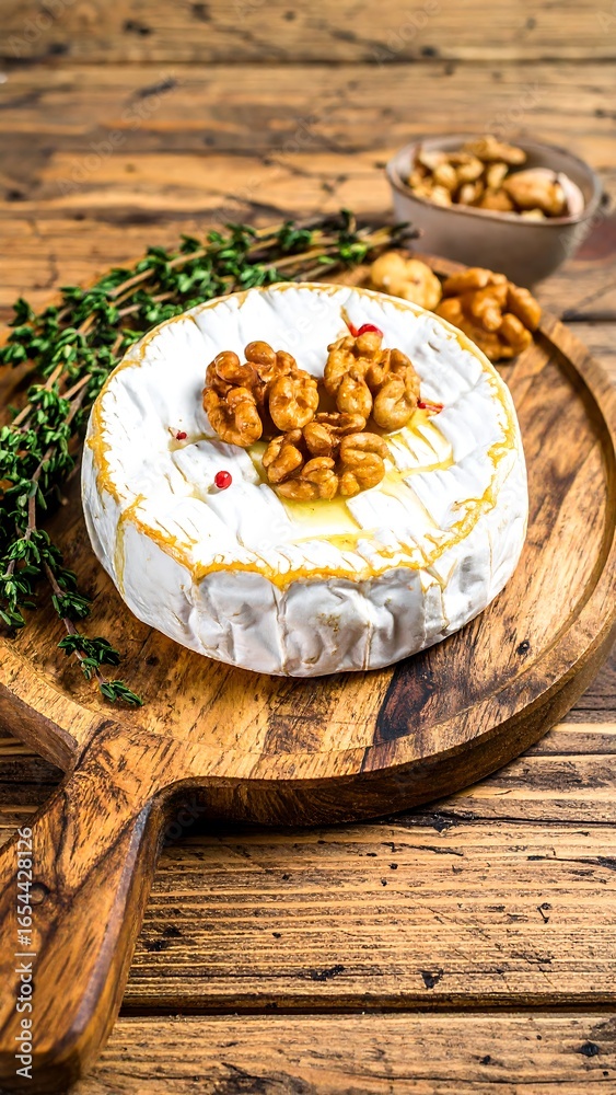 Fototapeta premium Creamy brie cheese wheel topped with toasted walnuts and honey drizzle.
