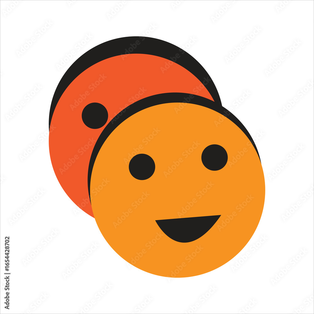 Fototapeta premium Two stylized orange smiley faces overlapping creating a layered effect with black eyes and mouths