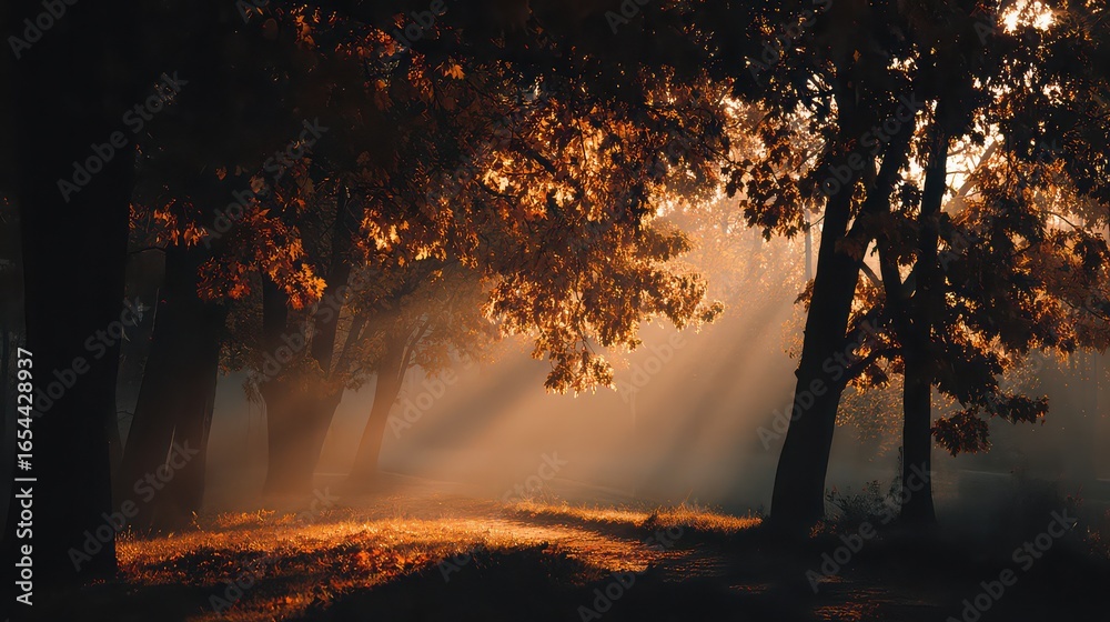Sun rays pierce through the misty forest, creating a magical atmosphere in the tranquil autumn landscape Sun rays pierce through the misty forest, creating a magical atmosphere in the tranquil autumn landscape