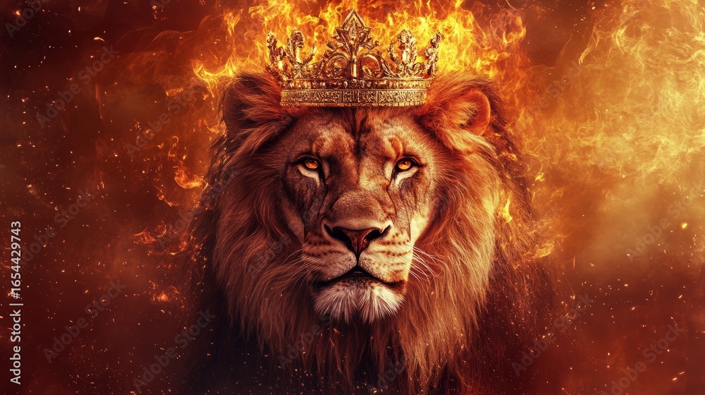 custom made wallpaper toronto digitalMajestic lion king with golden crown on fiery background symbolizing strength and power, regal lion of judah illustration for inspirational art, spiritual concepts, and bold animal wallpaper design