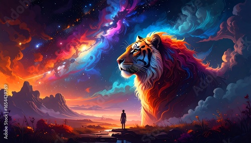 A majestic tiger, a vibrant cosmos, and a small figure gaze at a celestial panorama in a surreal landscape.