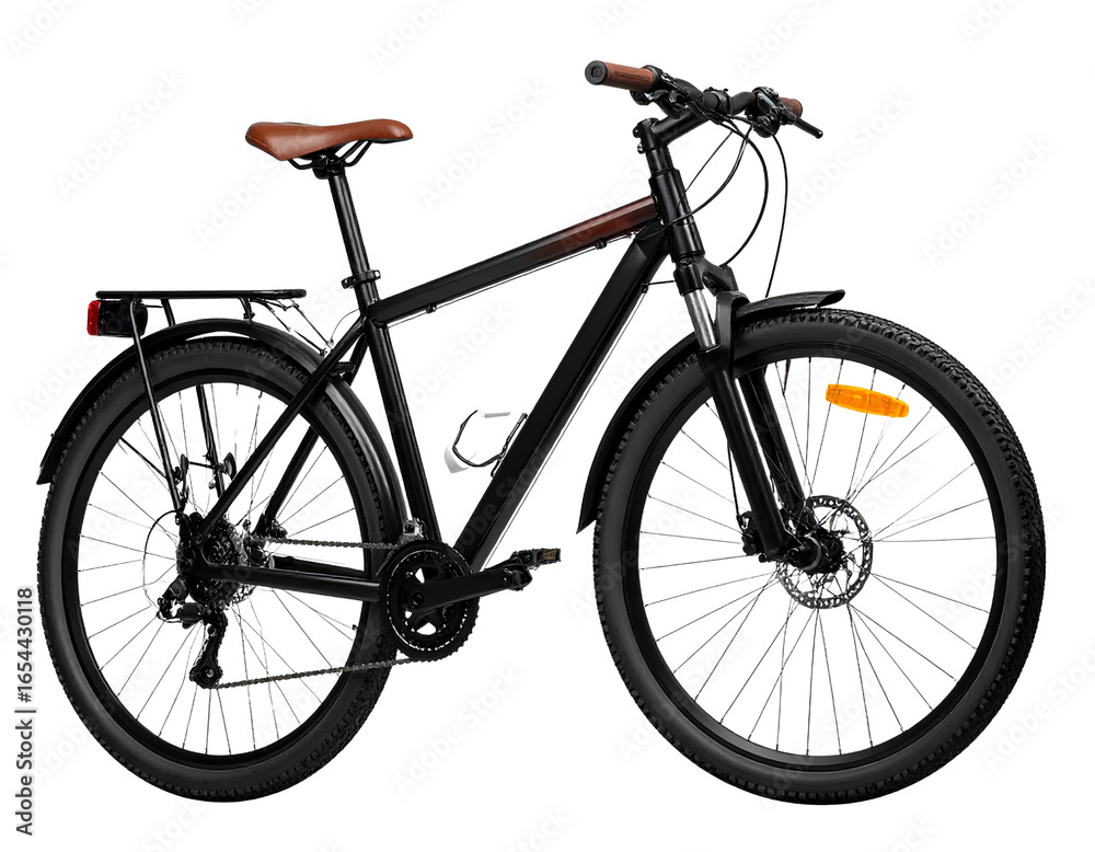 Obraz premium Three-Quarter Front Angle of Urban Bicycle with Leather Saddle and Fenders, Isolated on Transparent Background PNG