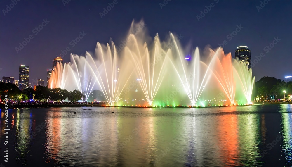 Fototapeta premium Colorful fountain show at night over a lake