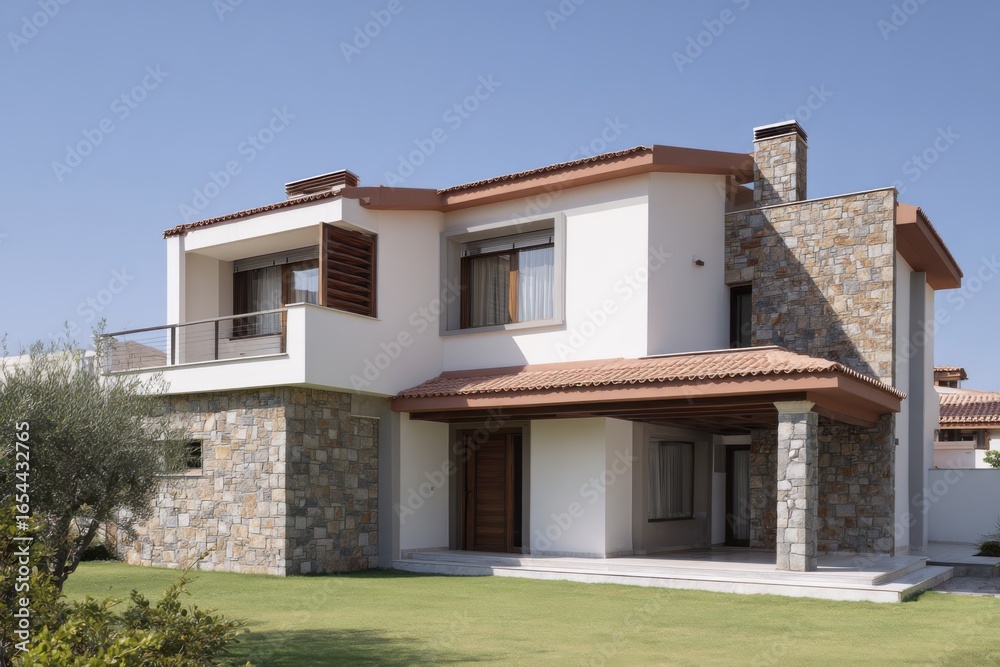 Fototapeta premium Modern villa with stone facade and spacious lawn in a sunny residential area, showcasing contemporary architecture and outdoor living space