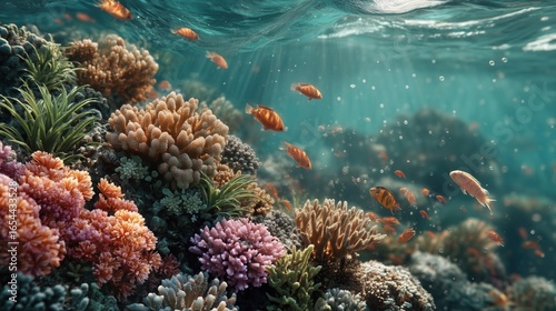Fototapeta Naklejka Na Ścianę i Meble -  Immersive underwater scene of vibrant coral reef teeming with jewel-toned fish, sunbeams piercing turquoise water, swirling plankton creating ethereal glow, marine life background, dreamy ocean nature
