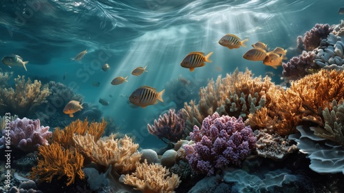 Fototapeta Naklejka Na Ścianę i Meble -  Immersive underwater scene of vibrant coral reef teeming with jewel-toned fish, sunbeams piercing turquoise water, swirling plankton creating ethereal glow, marine life background, dreamy ocean nature