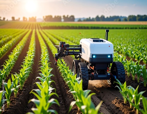 Agricultural robot working in a field at sunset
