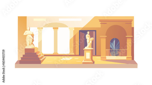 Museum art gallery exhibition with sculptures and classical architecture vector illustration design concept