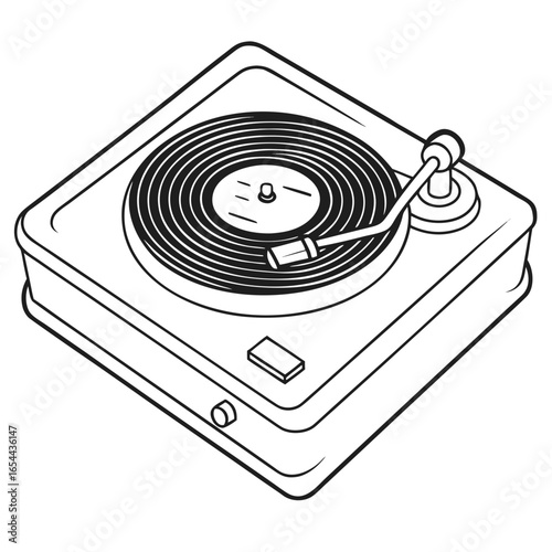 Classic black and white line art illustration of a vintage turntable with vinyl record