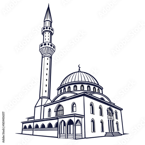 Elegant line drawing of a mosque featuring a tall minaret and a prominent dome