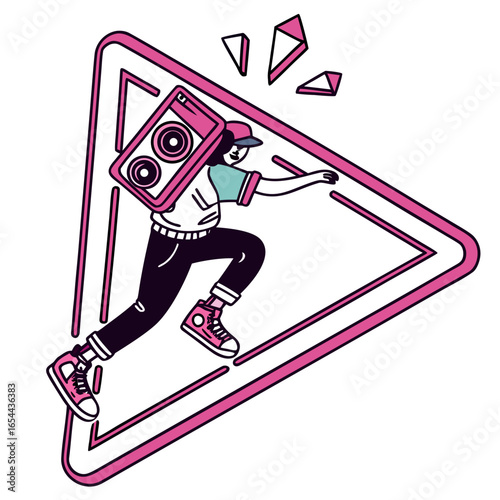 Energetic person carrying a boombox enters a pink triangle with geometric shapes