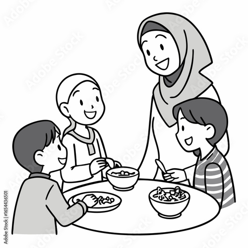 Happy muslim family enjoying a meal together around a round table