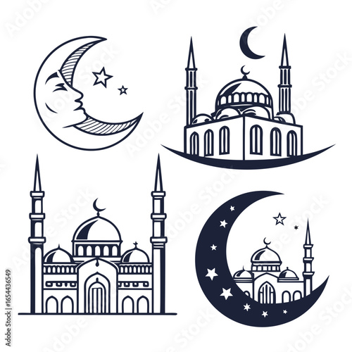 Islamic crescent moon and mosque icons featuring a stylized face and stars