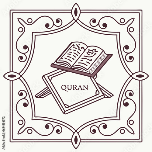 Islamic holy book quran on a decorative stand within an ornate frame