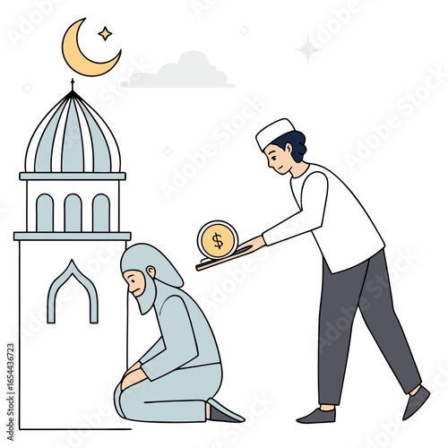 Muslim man giving charity next to a mosque with a crescent moon and stars above