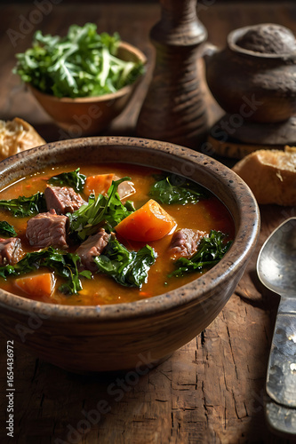 Authentic Malagasy dish Romazava, beef stew, chunks of meat with cassava leaves, spinach, mustard greens, tomatoes, onions, and garlic. Madagascar Africa traditional food