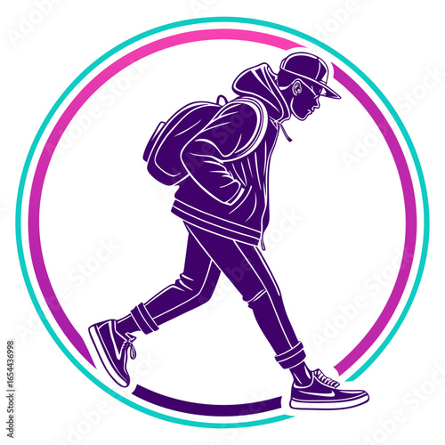 Stylish young person with backpack and cap walking confidently inside a colorful circular frame