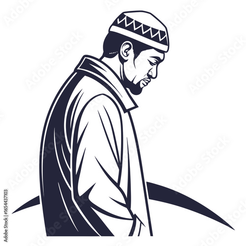 Stylized illustration of a muslim man in prayer wearing a kufi cap and traditional clothing