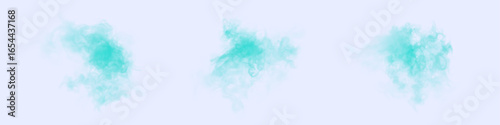 Turquoise smoke clouds with translucent swirls, soft dispersion and airy swirls. Vector steam effect for overlays, motion graphics and abstract designs.