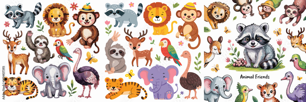 Naklejka premium Adorable Cartoon Animal Characters Collection Raccoon, Lion, Monkey, Deer, Sloth, Tiger, Elephant, and More!