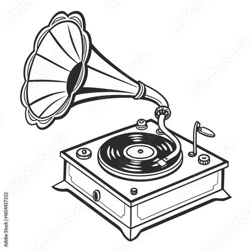 Vintage gramophone with spinning record and ornate horn in black and white outline