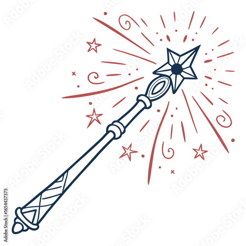 Whimsical star topped magic wand emanating sparks and swirls of enchantment