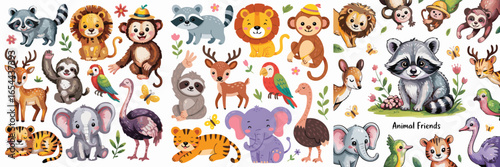 Adorable Cartoon Animal Characters Collection Raccoon, Lion, Monkey, Deer, Sloth, Tiger, Elephant, and More!