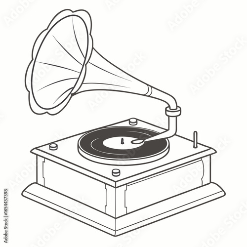 Vintage gramophone with stylized horn and record player in a classic outline style