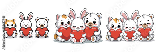 Adorable Kitten, Bunny, and Bear Cartoon Characters Holding Red Hearts Valentine's Day Illustrations
