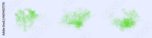 Soft green smoke clouds with translucent swirls and hazy plumes on light background. Misty vapor diffusion effect for overlays, motion graphics and abstract design.