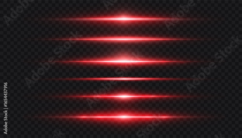 Red horizontal laser flares with bright glow and motion blur on transparent background. Thin light lines and streak beams for overlays, UI highlights, speed effects and sci-fi design.