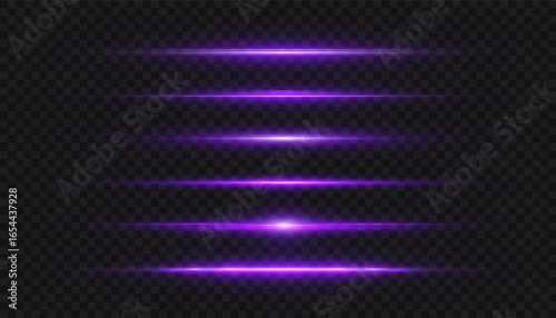 Purple horizontal laser flashes with bright glow on transparent background. Fine light lines and stripes for overlays, UI highlights, speed effects and sci-fi designs.