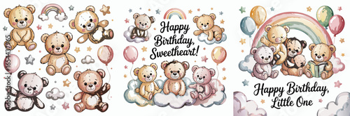 Adorable Watercolor Teddy Bear Birthday Illustrations with Rainbows, Clouds, Balloons and Celebratory Greetings