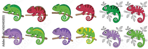 Assorted Cartoon Chameleons on Branches Green, Purple, Pink, Outlined, Color Variety, Isolated Background