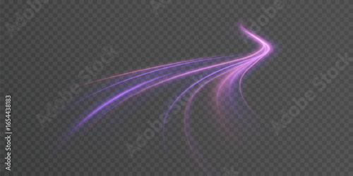 Curved purple light streams with motion blur and soft glow on transparent background. Dynamic speed lines forming a smooth turning trajectory for sci-fi effects and modern interfaces.