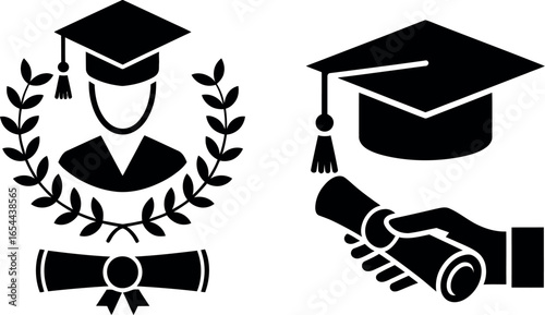 Graduation symbols including a graduate with laurel, mortarboard, and diploma on a white background