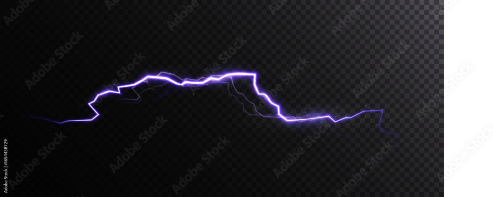 Violet electric lightning bolt with jagged path and soft glow on transparent background. Energetic plasma arc for power, sci-fi and dramatic FX, headers, overlays and abstract design.
