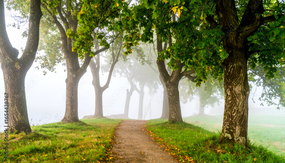 Naklejka premium Misty Morning Path Through Green Trees